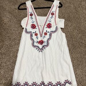White mini dress with red & blue embroidery